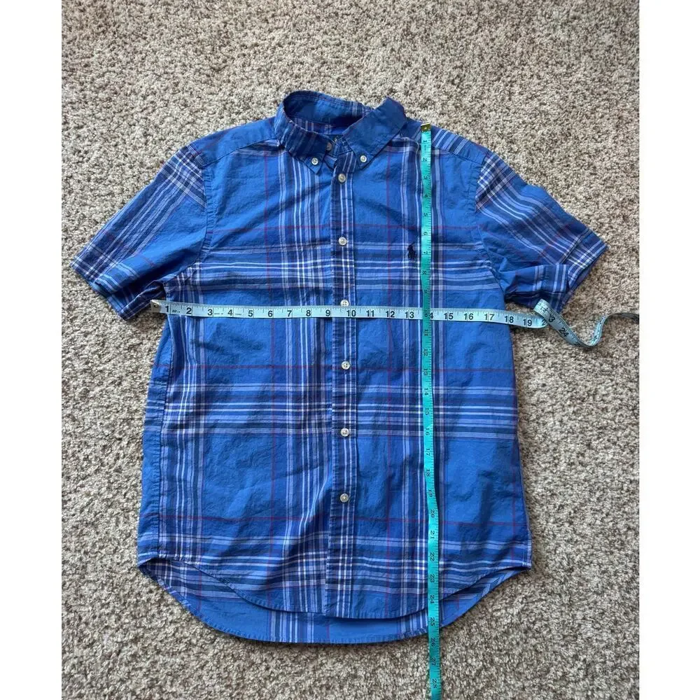 Ralph Lauren BOYS size 14/16; Collared,  short sleeve shirt, Blue Plaid print